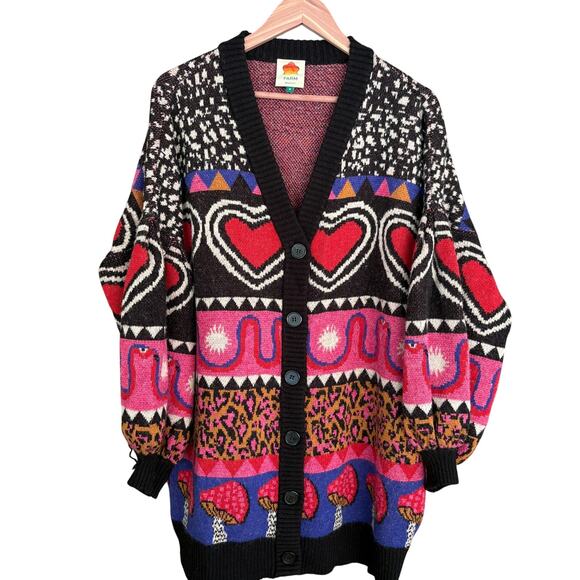 Farm Rio Ainika Elements Cardigan Sweater M Pink Heart Mushroom Pink Boho - Picture 5 of 10